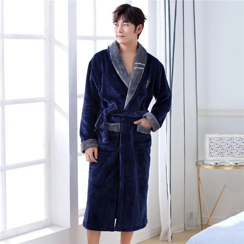 Winter Thick Couple Robe Coral Fleece Sleepwear Plush Warm Flannel Kimono Bathrobe Gown with Pocket Men Homewear Lounge Wear