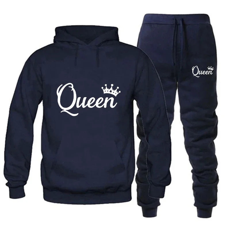 Fashion KING and QUEEN Printed Hooded Suits Autumn Winter Couple Hoodie + Pants 2-piece Suit