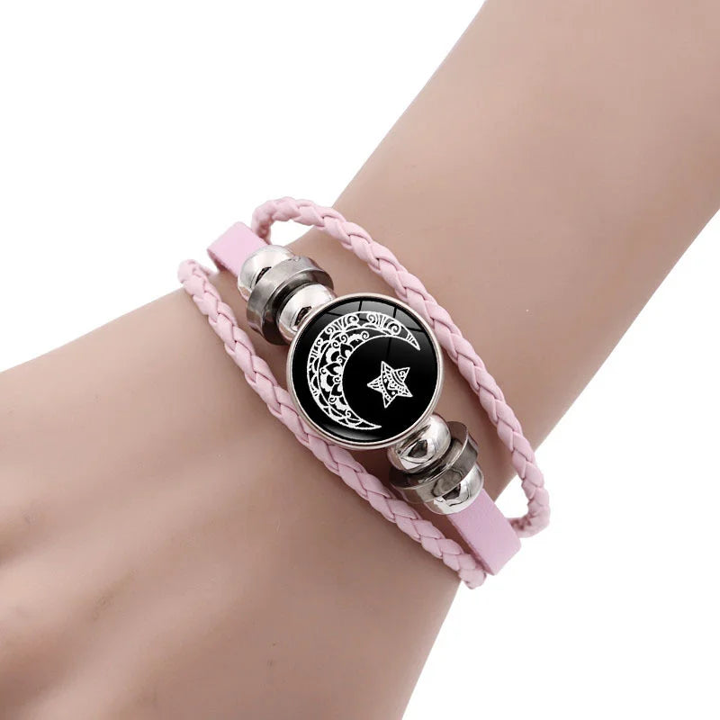 2pcs/set Sun and Moon Lovers Leather Bracelet Punk Multi-Layered Beaded Braided Adjustable Bracelet Set For Couple Jewelry