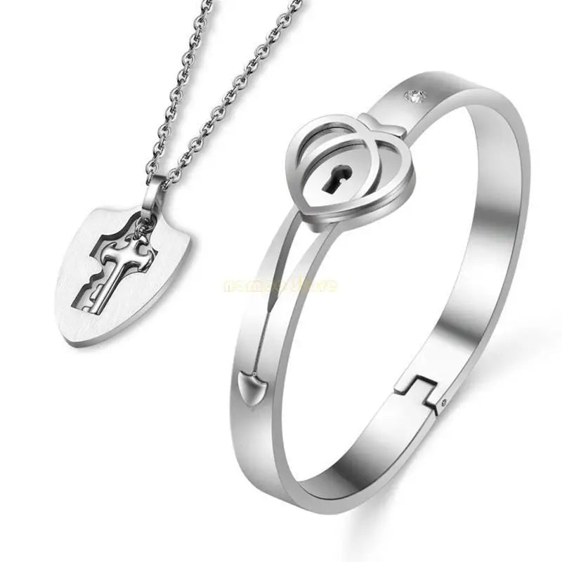 31BF Romantic Gift for Valentines Day Lock Bracelet and for Key Necklace Set for Coup