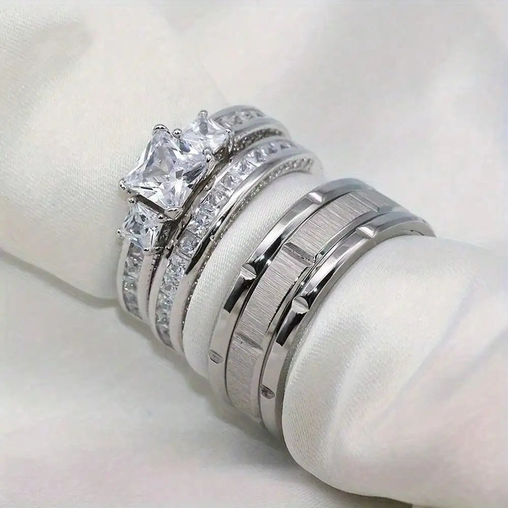 Fashion Silver Color Couple Rings for Lover's Trendy Stainless Steel Men Rings Cute Women Rhinestones Zircon Rings Set