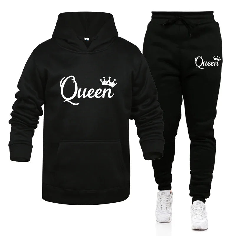 Fashion KING and QUEEN Printed Hooded Suits Autumn Winter Couple Hoodie + Pants 2-piece Suit