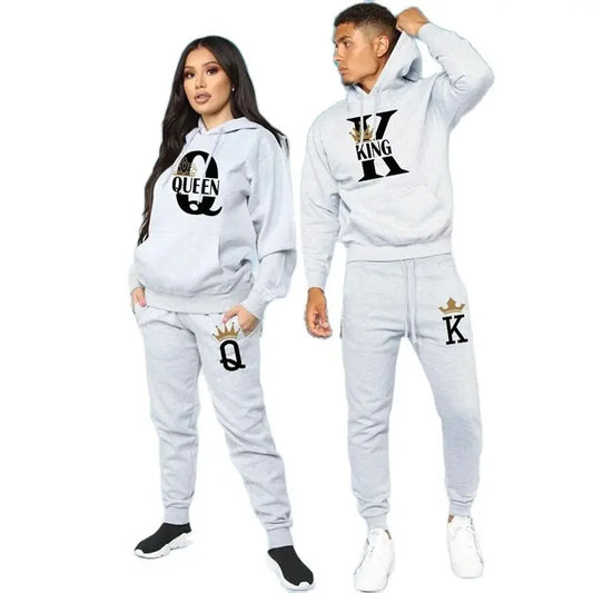 2025 New Autumn and Winter Men's and Women's Sweater Set KING QUEEN Loose Relaxed Hooded Print Couple Set