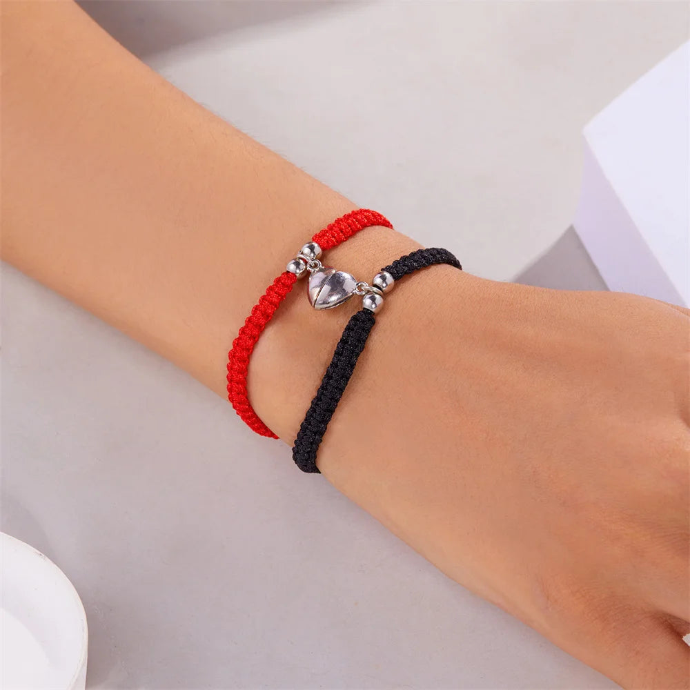 2pcs Hand-Woven Couple Bracelet Magnetic Heart Shape Braid Rope Bracelet Men'S and Women'S Gift for Anniversary Wrist Chain