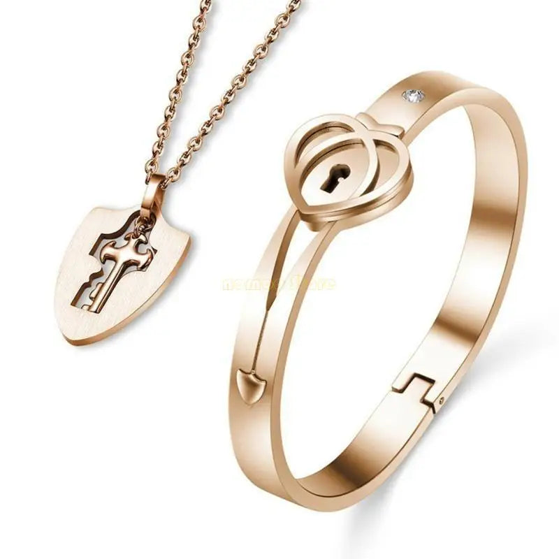 31BF Romantic Gift for Valentines Day Lock Bracelet and for Key Necklace Set for Coup