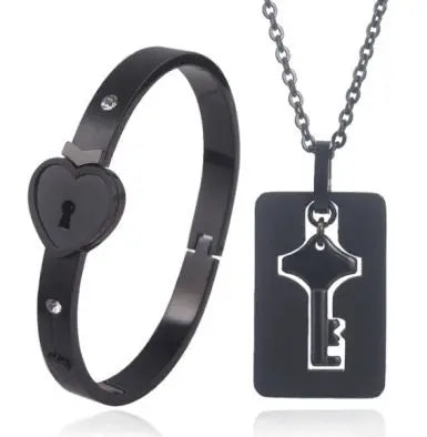 Stainless Steel Couple Bracelet Love Heart Lock Bracelets Bangle Key Pendant Necklace For Women Men Valentine's Day Jewelry Gift
