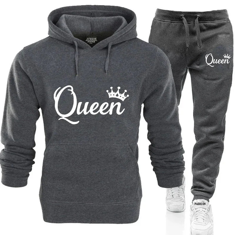 Fashion KING and QUEEN Printed Hooded Suits Autumn Winter Couple Hoodie + Pants 2-piece Suit