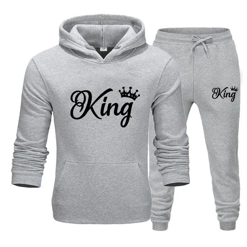 Fashion KING and QUEEN Printed Hooded Suits Autumn Winter Couple Hoodie + Pants 2-piece Suit