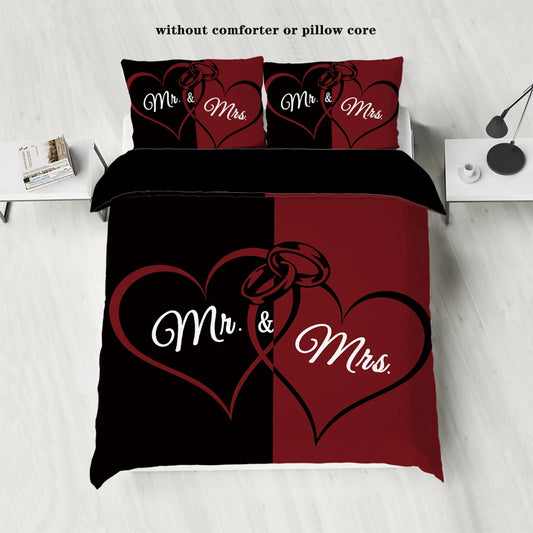 3-piece down duvet cover set with black and red color matching heart print (1 duvet cover+2 pillowcases, no core) couple bedding