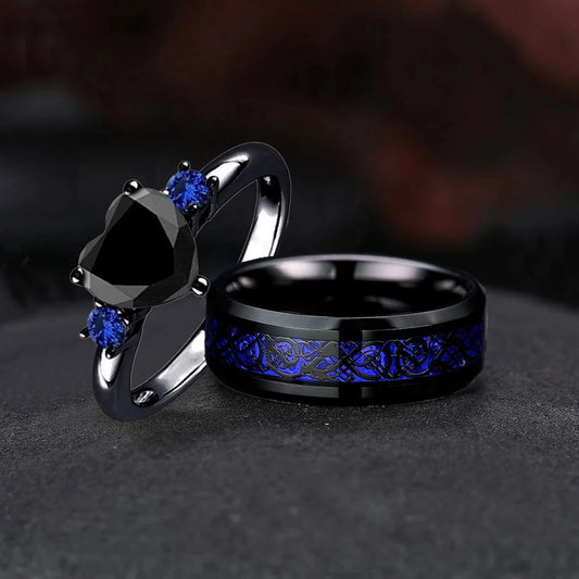 Charm Couple Rings Men Stainless Steel Celtic Dragon Ring Black Zircon Women's Wedding Band Rings Set Valentine's Day Jewelry