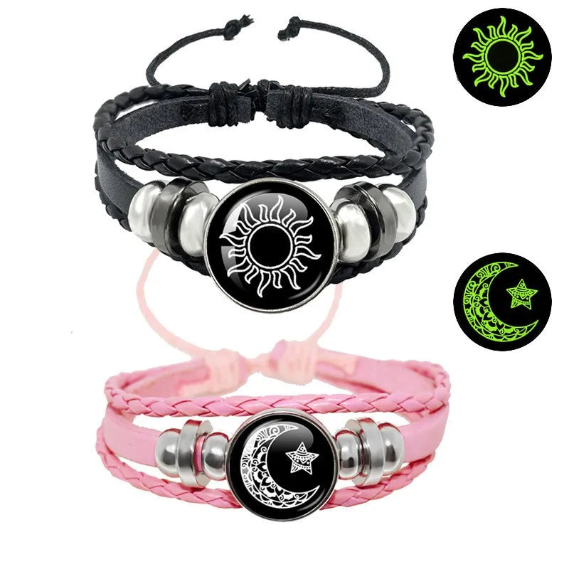 2pcs/set Sun and Moon Lovers Leather Bracelet Punk Multi-Layered Beaded Braided Adjustable Bracelet Set For Couple Jewelry