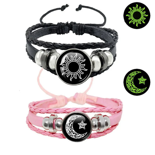 2pcs/set Sun and Moon Lovers Leather Bracelet Punk Multi-Layered Beaded Braided Adjustable Bracelet Set For Couple Jewelry