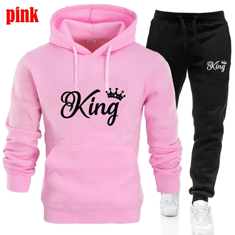 Fashion KING and QUEEN Printed Hooded Suits Autumn Winter Couple Hoodie + Pants 2-piece Suit