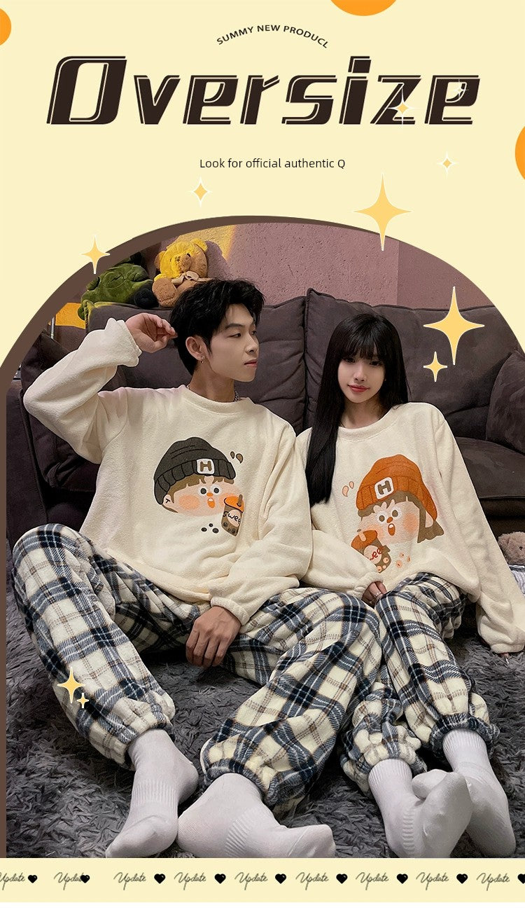 Autumn and Winter Coral Fleece Couple Pajamas Women's Flannel Cartoon Cute Women's Suit Winter Men's Home Wear