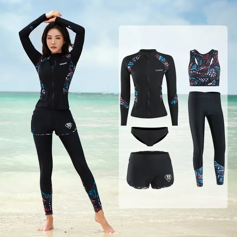 Women Men's 3-5 Piece Rash Guard with Boy Shorts Long Sleeve Zipper Swimsuit  Bathing Suit Wetsuit Beachwear Tankini Tracksuit
